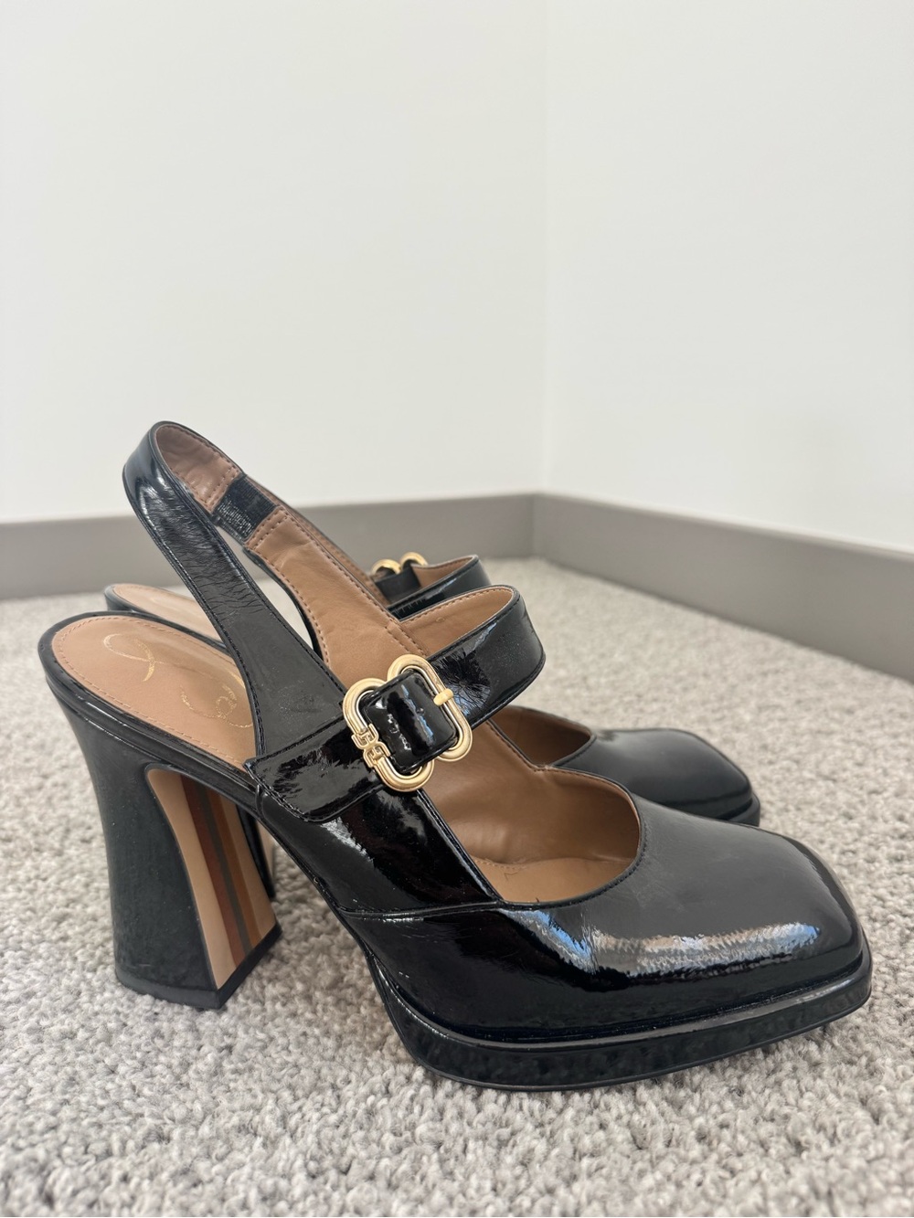 Sam Edelman Black Patent Mary Jane Slingback Heels with Gold Buckle